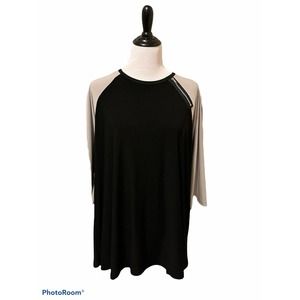 SUN KIM Black Lagenlook Zipper Tunic •L• Swing Top Shirt Pockets Knit Colorblock